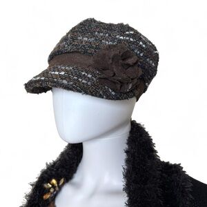 Women's Brown Tweed Cap with Floral Accent